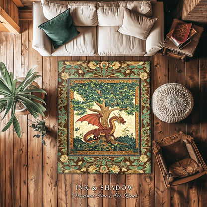 Medieval Enchantment Rustic Bedroom Rug | Whimsical Woodland Dragon Theme Mystical Tree of Life Decor Magical Forest Whimsigothic Accent Rug