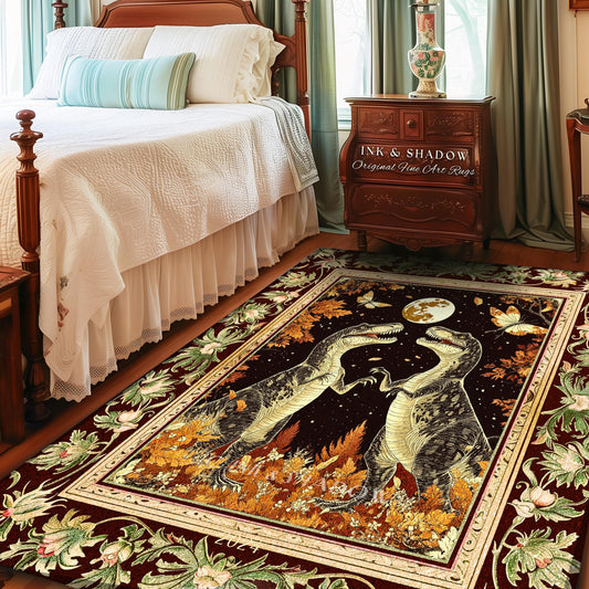 Baroque Dinosaur Rug Ornate Medieval Botanical Nightscape Art | Vintage Dark Academia Woodland Gothic T-Rex Enchanted Forest Fantasy Decor