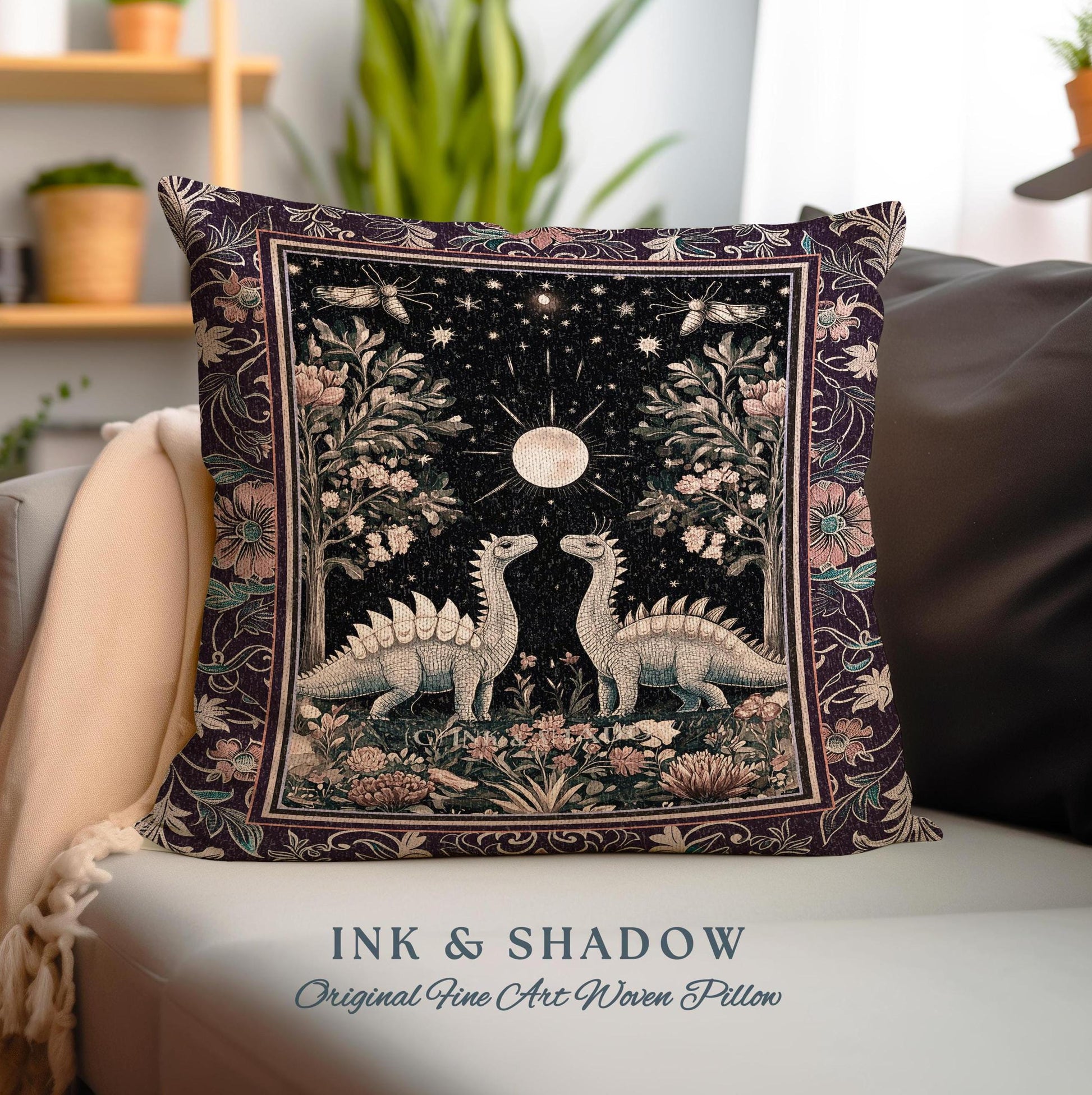 Enchanted Forest Stegosaurus Pillow Celestial Dinosaur Witchy Cottagecore Whimsigoth Decor, Moonlit Woodland Gothic Floral Jurassic Cushion