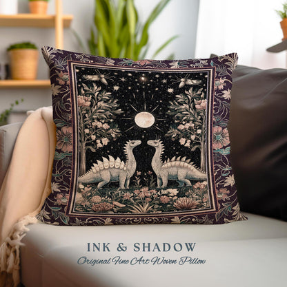 Enchanted Forest Stegosaurus Pillow Celestial Dinosaur Witchy Cottagecore Whimsigoth Decor, Moonlit Woodland Gothic Floral Jurassic Cushion