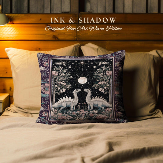 Enchanted Forest Stegosaurus Pillow Celestial Dinosaur Witchy Cottagecore Whimsigoth Decor, Moonlit Woodland Gothic Floral Jurassic Cushion