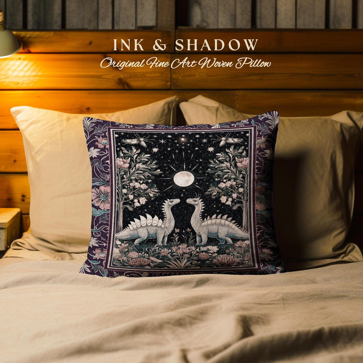 Enchanted Forest Stegosaurus Pillow Celestial Dinosaur Witchy Cottagecore Whimsigoth Decor, Moonlit Woodland Gothic Floral Jurassic Cushion