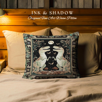 Mystical T-Rex Pillow Celestial Night Enchanted Forest Decor | Whimsical Dark Woodland Whimsy Vintage Dinosaur Art Fantasy Forestcore Accent
