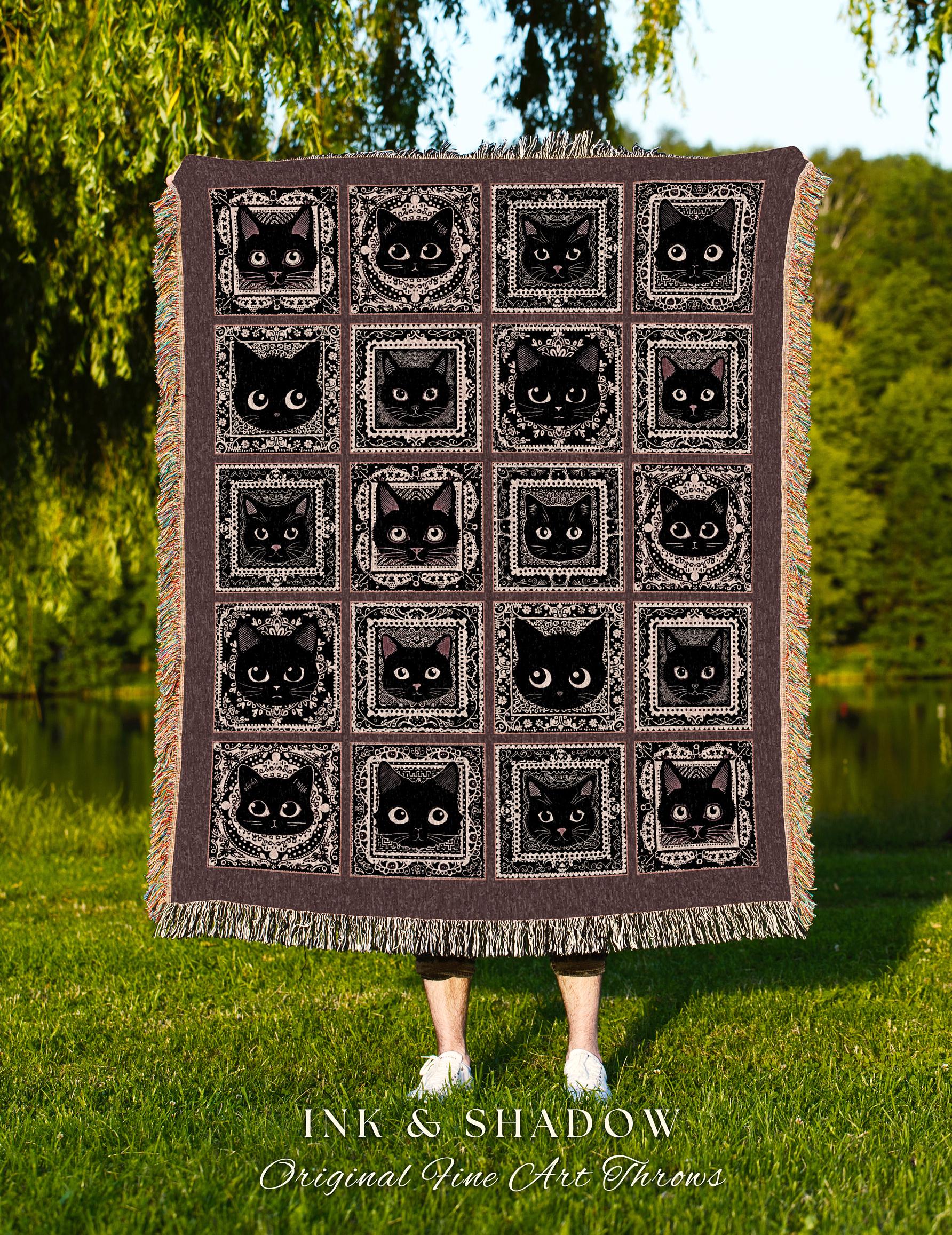 Dark Victorian Mauve Blanket Black Cat Throw Boho Fairycore Decor Witchy Blanket Cute Whimsigoth Art Gift for Cat Lover Fall Black Cat Decor