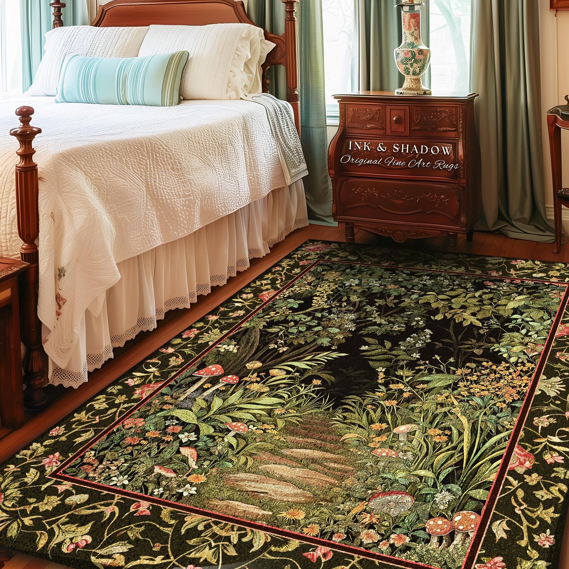 Toadstool Forest Mystical Mushroom Rug | Dark Academia Folklore Forest Inspired Fairycore Botanical Aesthetic Accent Rug Magical Medieval
