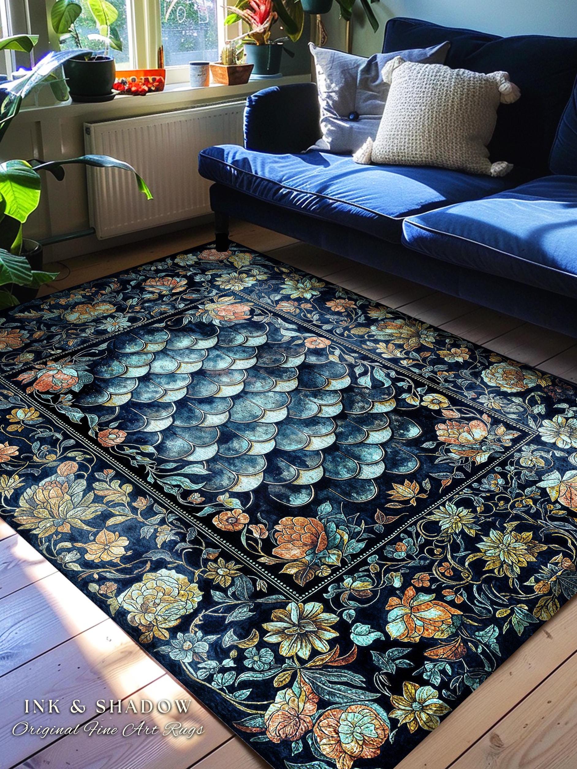 Dreamy Botanicals Dragon Scale Rug | Dark Academia Aesthetic Fairytale Home Decor Accent Rug Cottagecore Ocean Blue Decor Whimsical Gothic