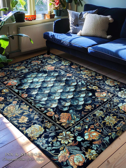 Dreamy Botanicals Dragon Scale Rug | Dark Academia Aesthetic Fairytale Home Decor Accent Rug Cottagecore Ocean Blue Decor Whimsical Gothic