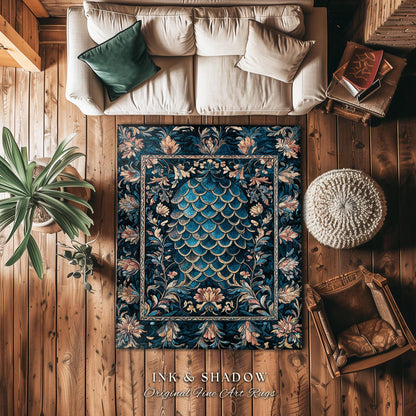 Midnight Navy Royal Accent Rug | Dragon Scale Art Deco Eclectic Ornate Bedroom Area Rug Dark Academia Maximalist Floral Fantasy Aesthetic |