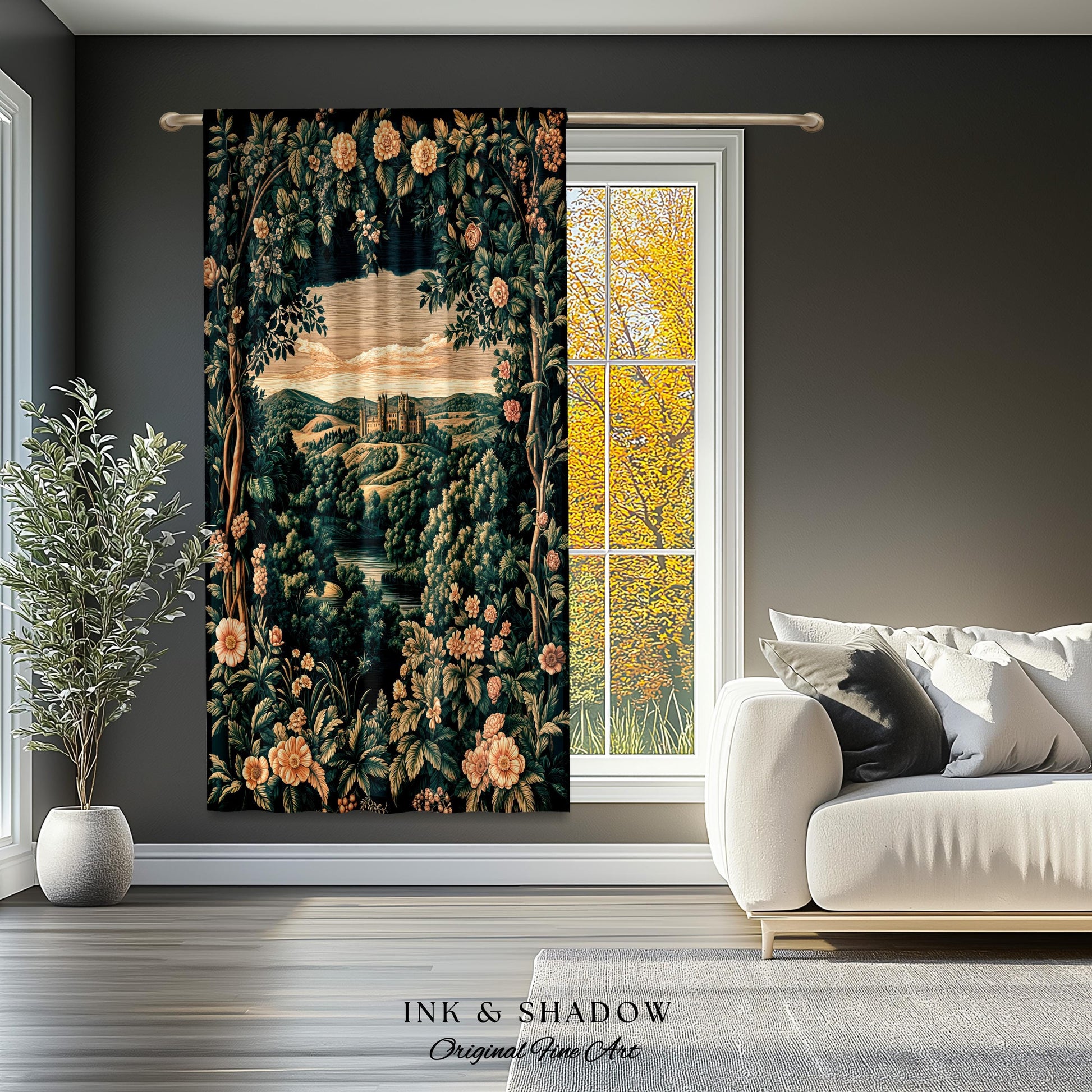 Rosy Forestcore Floral Window Drapes | Woodland Castle Dreamy Ethereal Aesthetic Curtains Princess Room Woodland Medieval Whimsical Elegance