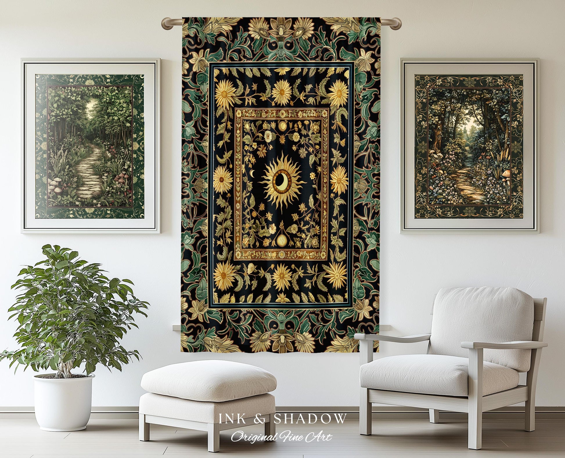 Earthy Spiritual Sun Accent Drapes | Hippie Gothic Botanical Ethereal Mystic Bedroom Curtains Whimsical Celestial Tarot Aesthetic Astrology