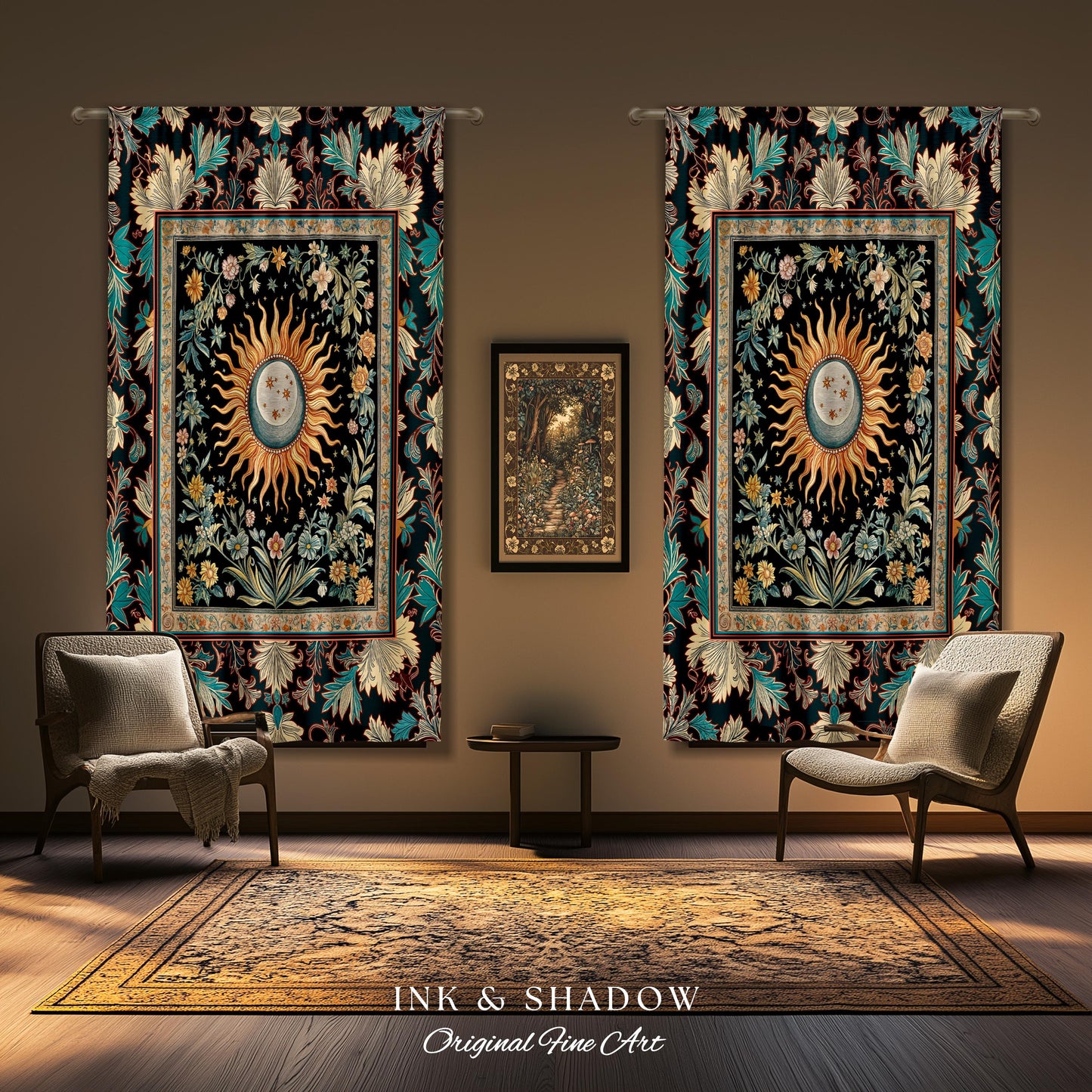 Enchanted Zodiac Mystic Curtains | Celestial Gothic Tarot Inspired Astrology Bohemian Sun & Moon Witchy Maximalist Dreamy Home Decor Drapes