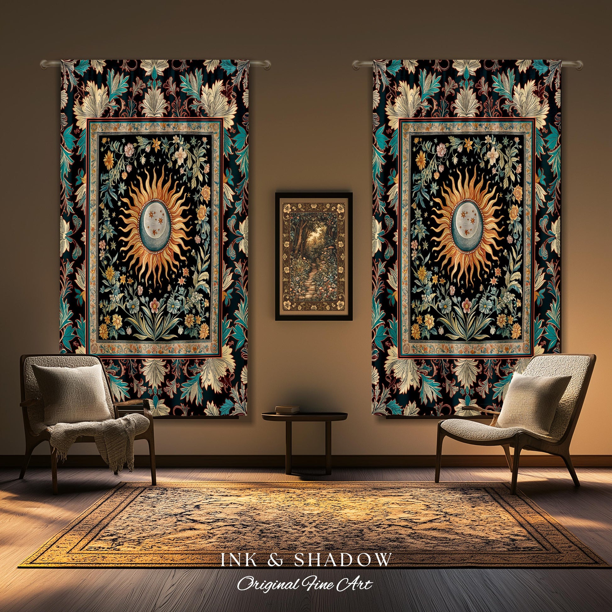 Enchanted Zodiac Mystic Curtains | Celestial Gothic Tarot Inspired Astrology Bohemian Sun & Moon Witchy Maximalist Dreamy Home Decor Drapes