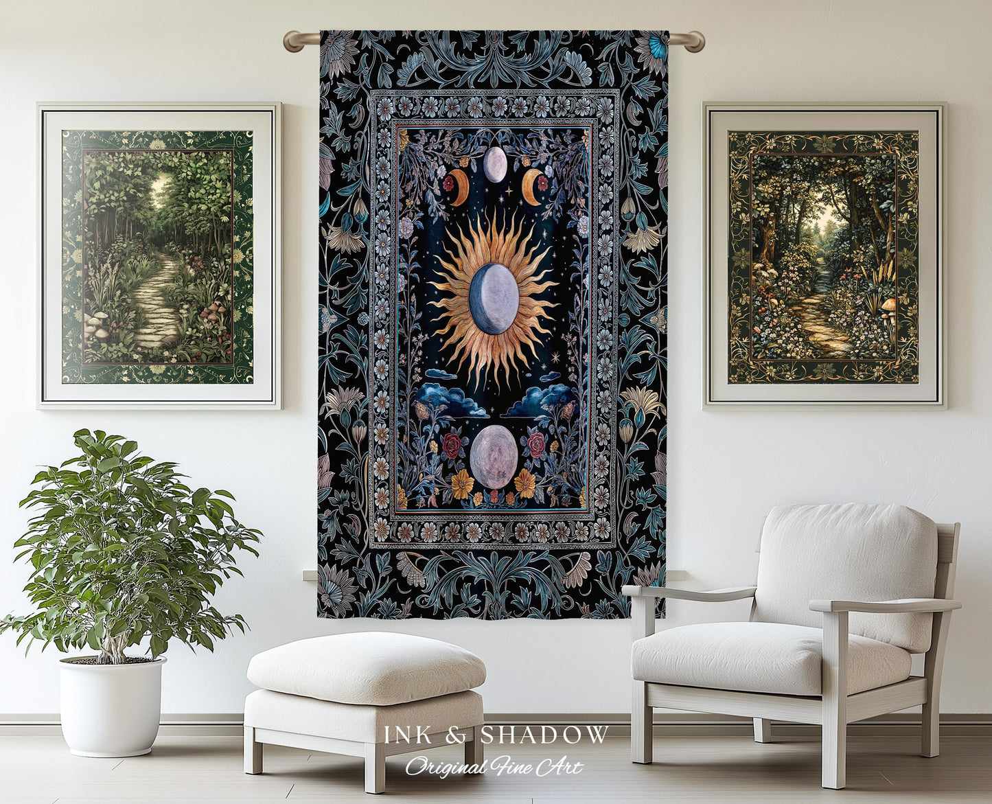 Whimsigothic Eclectic Moon Curtain | Celestial Boho Mystic Tarot-Inspired Astrology Bedroom Decor Witchy Maximalist Floral Aesthetic Drapes