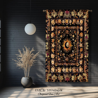 Cosmic Elegance Celestial Curtains | Dark Cottagecore Moon & Sun Ethereal Divine Aesthetic Witchy Bohemian Eclectic Spiritual Bedroom Drapes