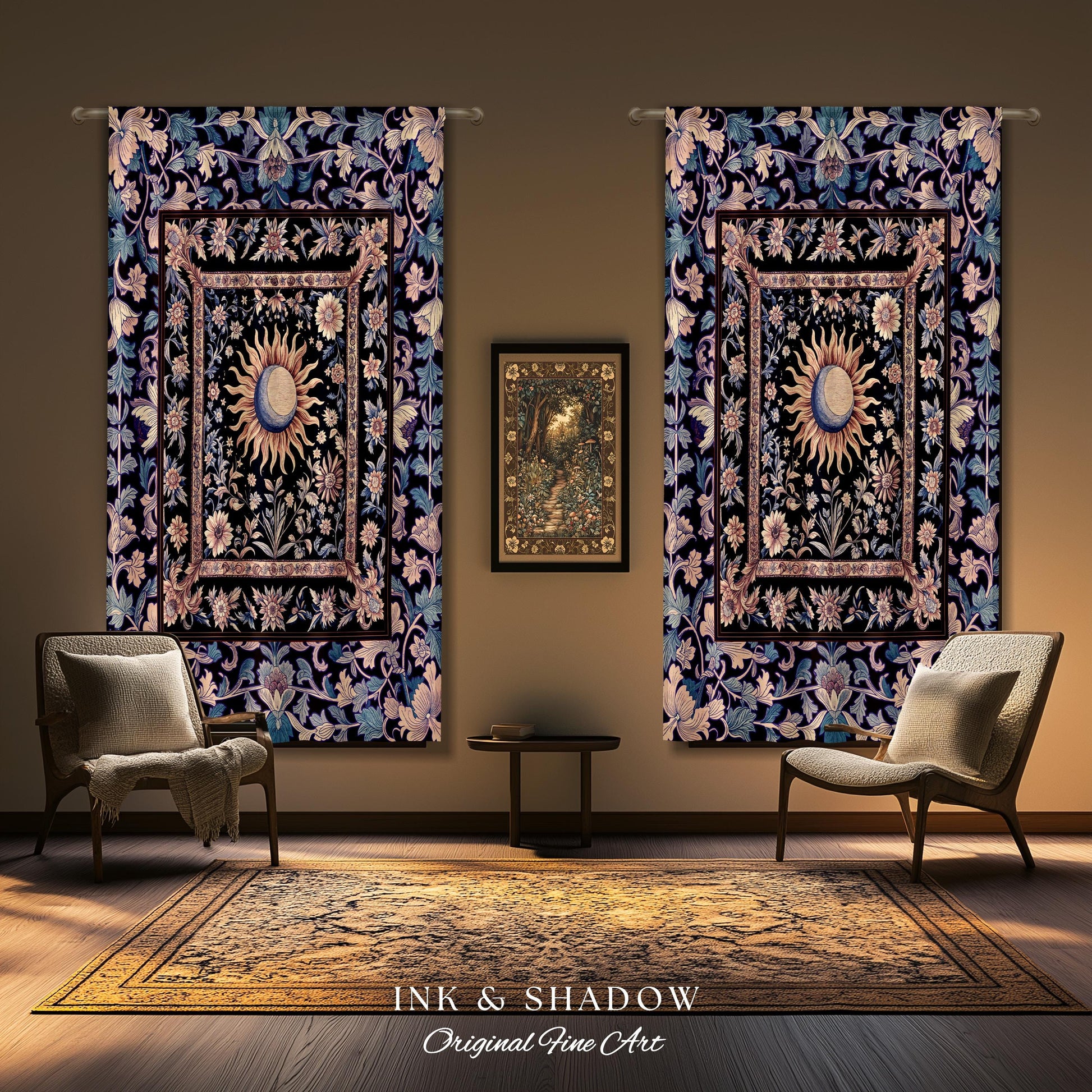 Pastel Whimsy Celestial Drapes | Mystic Bohemian Celestial Witchy Home Decor Maximalist Gothic Sun and Moon Tarot Inspired Curtains Blackout