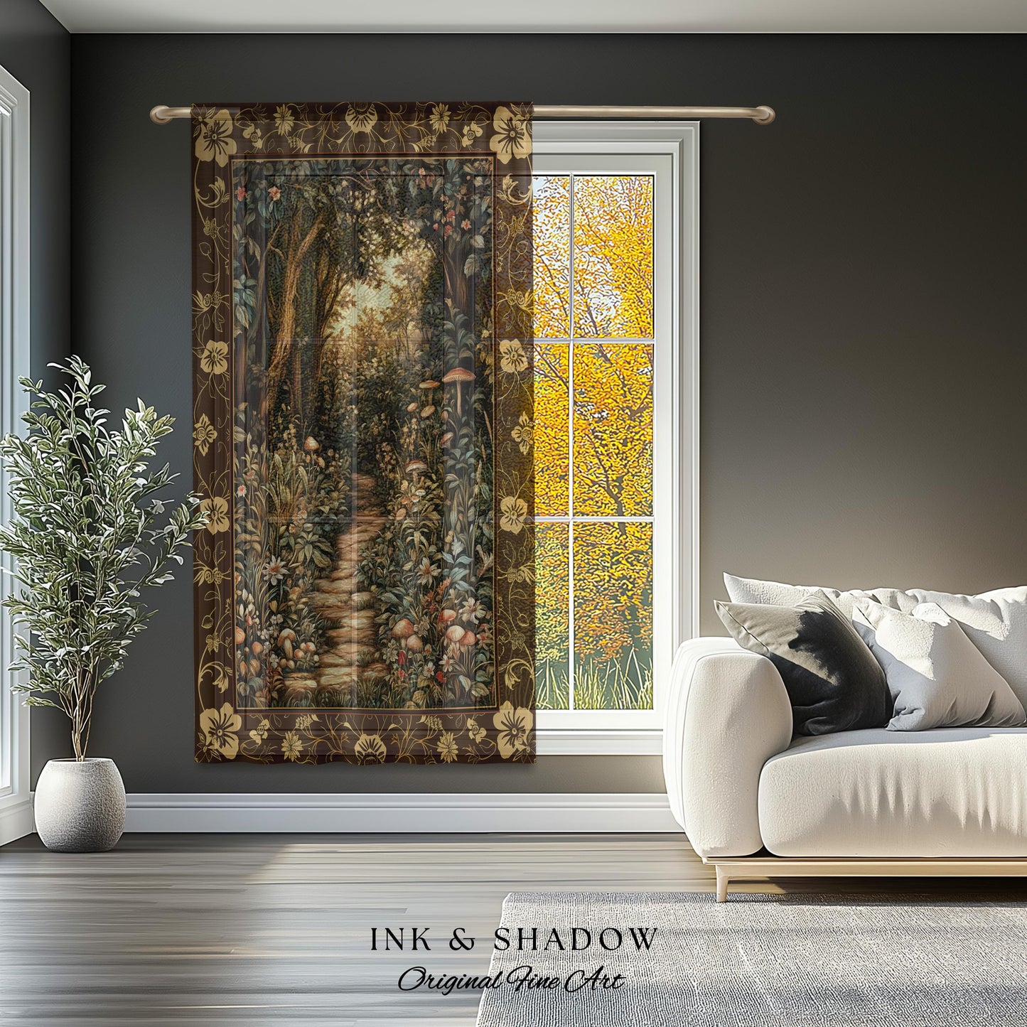 Mushroom Forest Magical Woodland Drapes Ethereal Mystic Academia, Vintage Folklore Art Forest Fairycore Whimsigoth Medieval Window Curtains