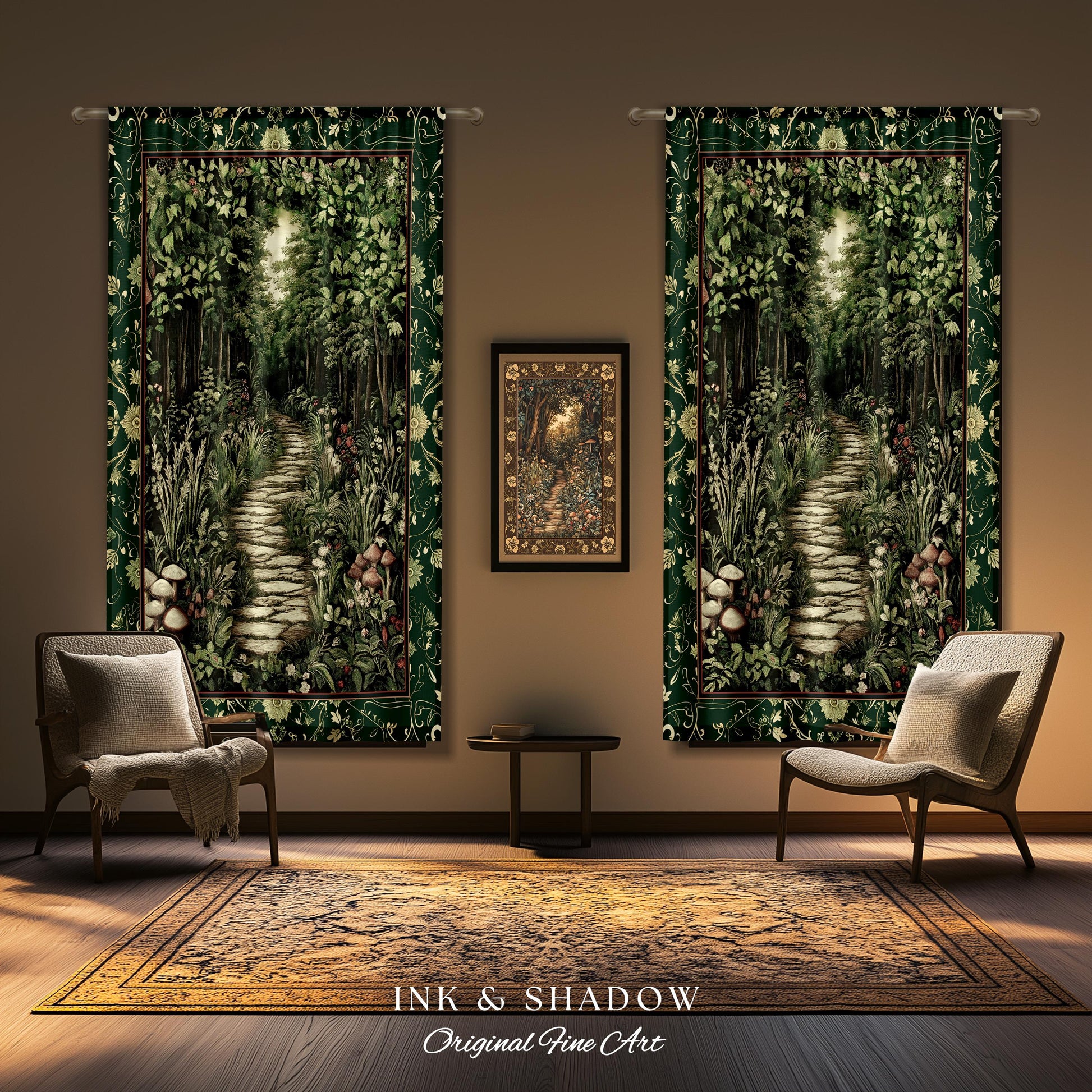 Ethereal Woodland Meadow Curtains | Dark Academia Folklore Fairy Core Aesthetic Drapes Magical Bedroom Emerald Green Home Decor Botanical |