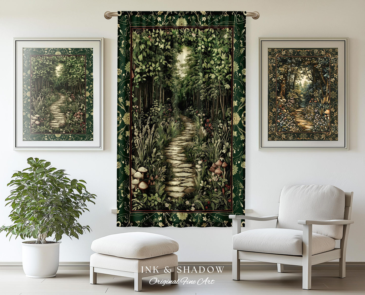 Ethereal Woodland Meadow Curtains | Dark Academia Folklore Fairy Core Aesthetic Drapes Magical Bedroom Emerald Green Home Decor Botanical |