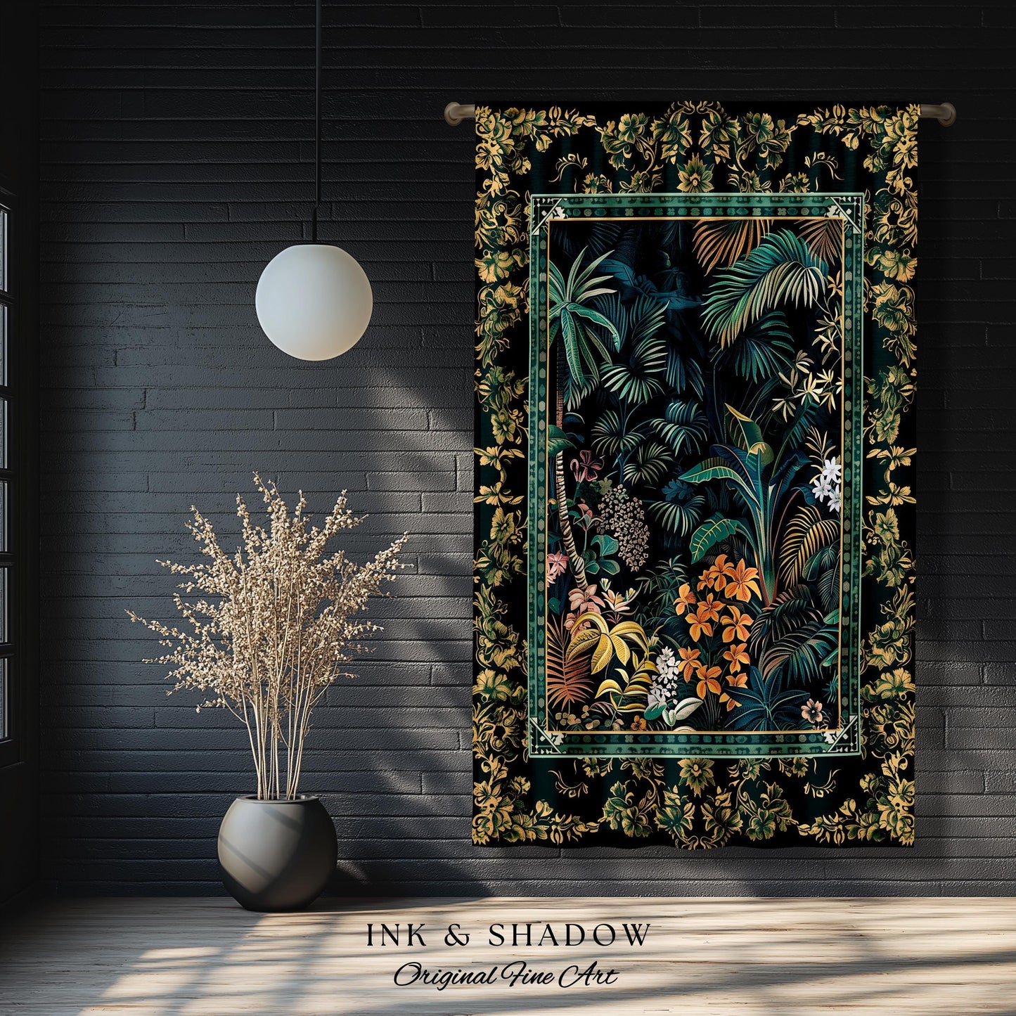 Jungle Foliage Botanical Window Curtains | Bohemian Aesthetic Woodland Living Room Emerald Green Home Decor Plant Theme Indie Bedroom Drapes