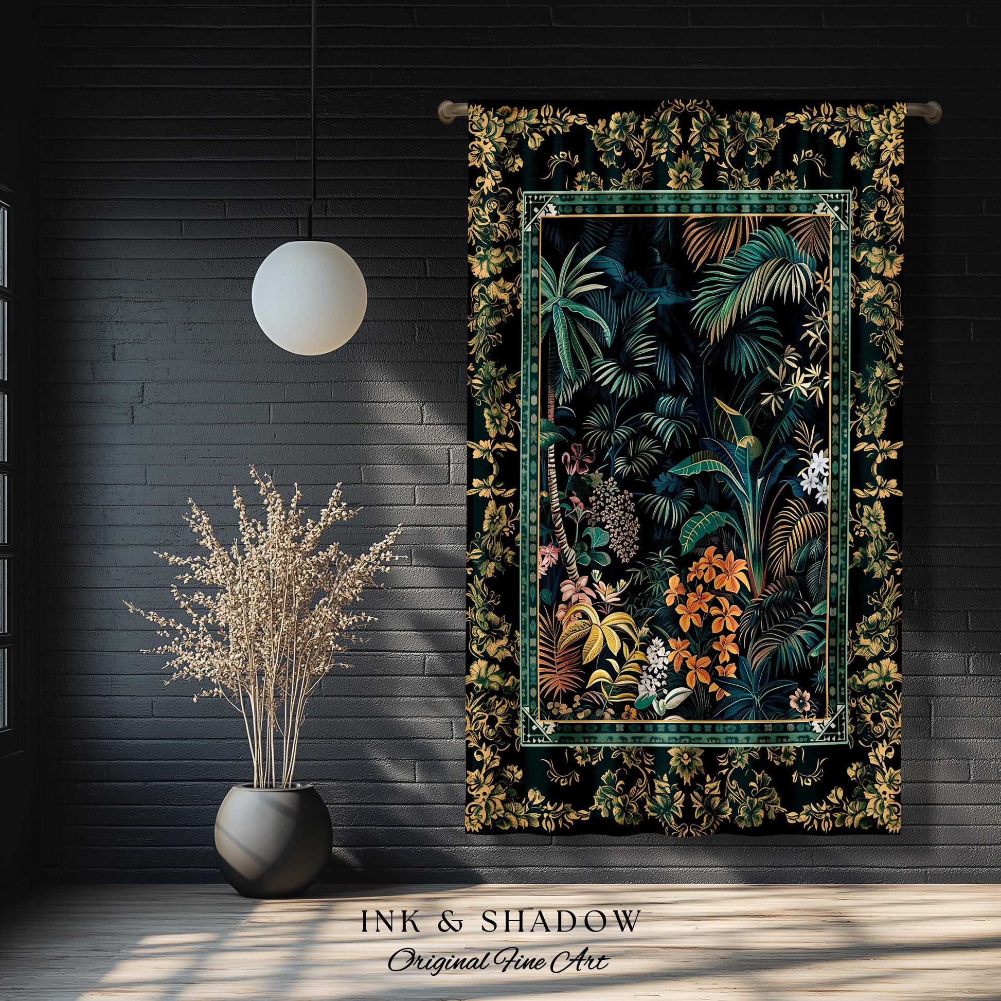 Jungle Foliage Botanical Window Curtains | Bohemian Aesthetic Woodland Living Room Emerald Green Home Decor Plant Theme Indie Bedroom Drapes