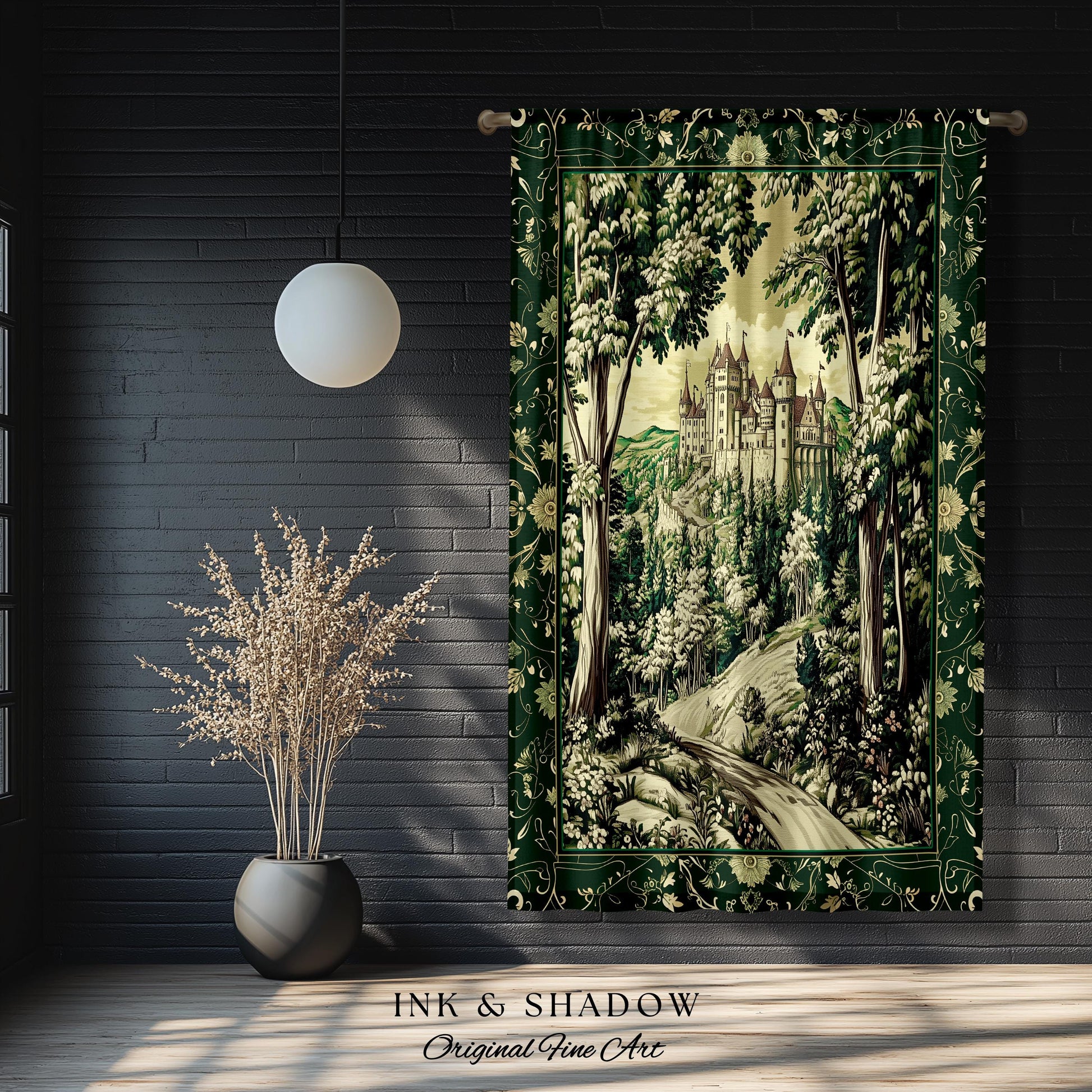 Medieval Castle Woodland Forest Curtains Forestcore Dark Academia Fairytale Decor | Fairycore Magical Emerald Green Landscape Drapes Royal |