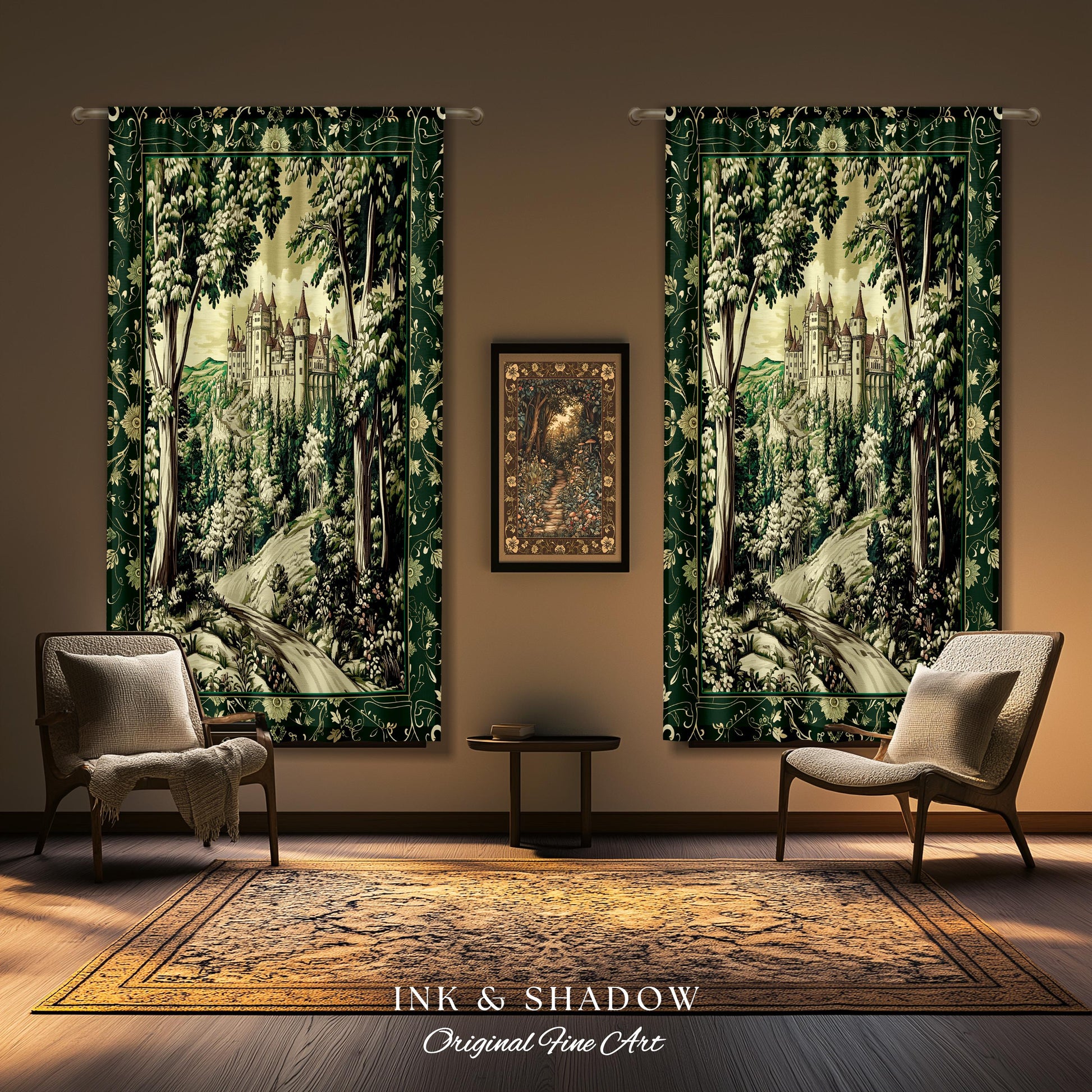 Medieval Castle Woodland Forest Curtains Forestcore Dark Academia Fairytale Decor | Fairycore Magical Emerald Green Landscape Drapes Royal |