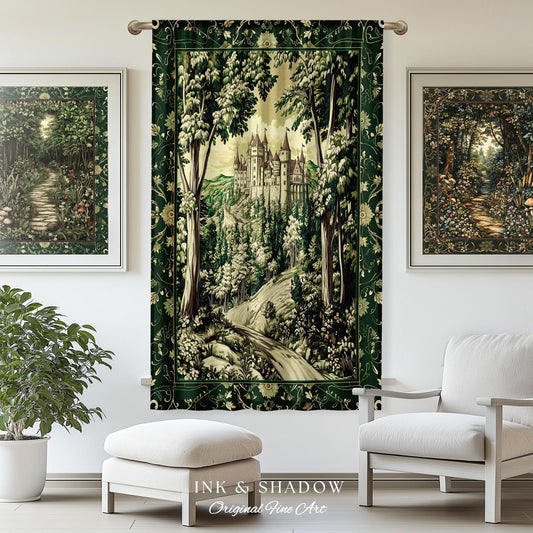 Medieval Castle Woodland Forest Curtains Forestcore Dark Academia Fairytale Decor | Fairycore Magical Emerald Green Landscape Drapes Royal |