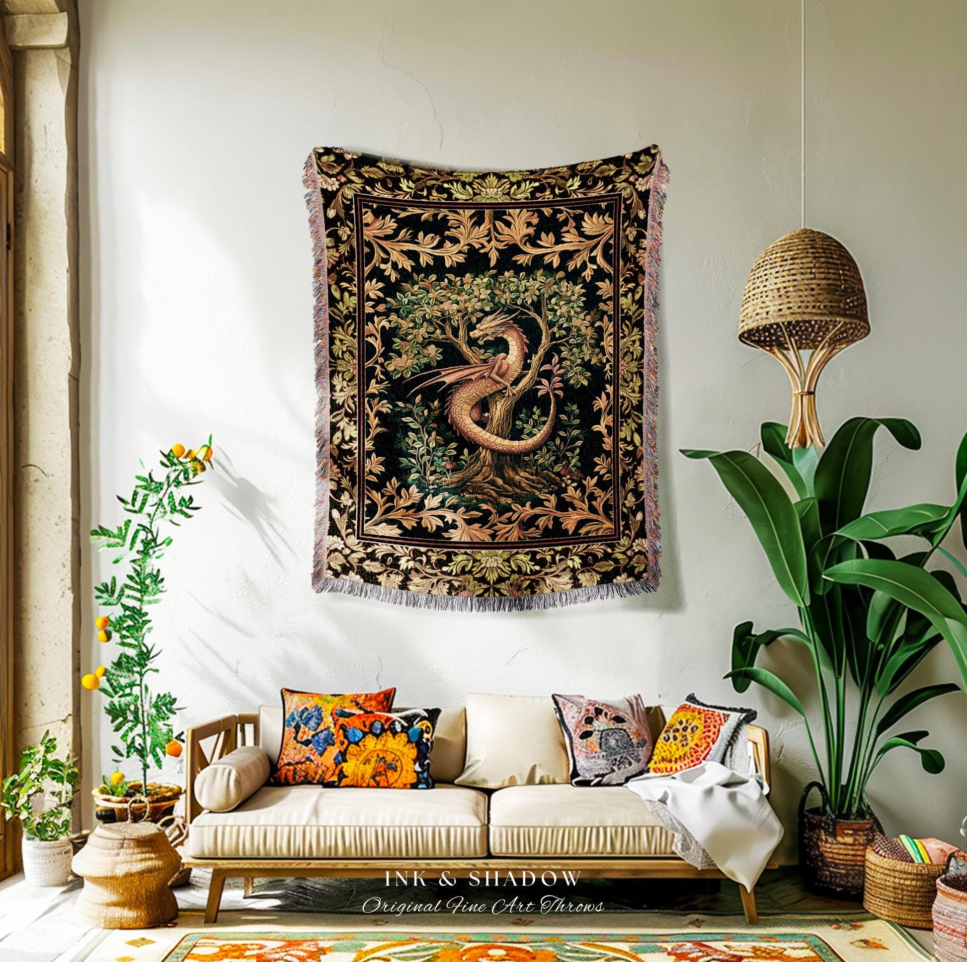 Ornate Victorian Gothic Dragon Blanket Enchanted Baroque Medieval Forestcore Tapestry Throw Mystical Vintage Fantasy Whimsical Woodland Home