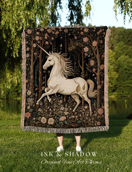 Vintage Medieval Unicorn Woven Tapestry Medieval Room Decor Cottagecore Art Fairycore Aesthetic Room Decor Mystic Tapestry Unicorn Art Throw