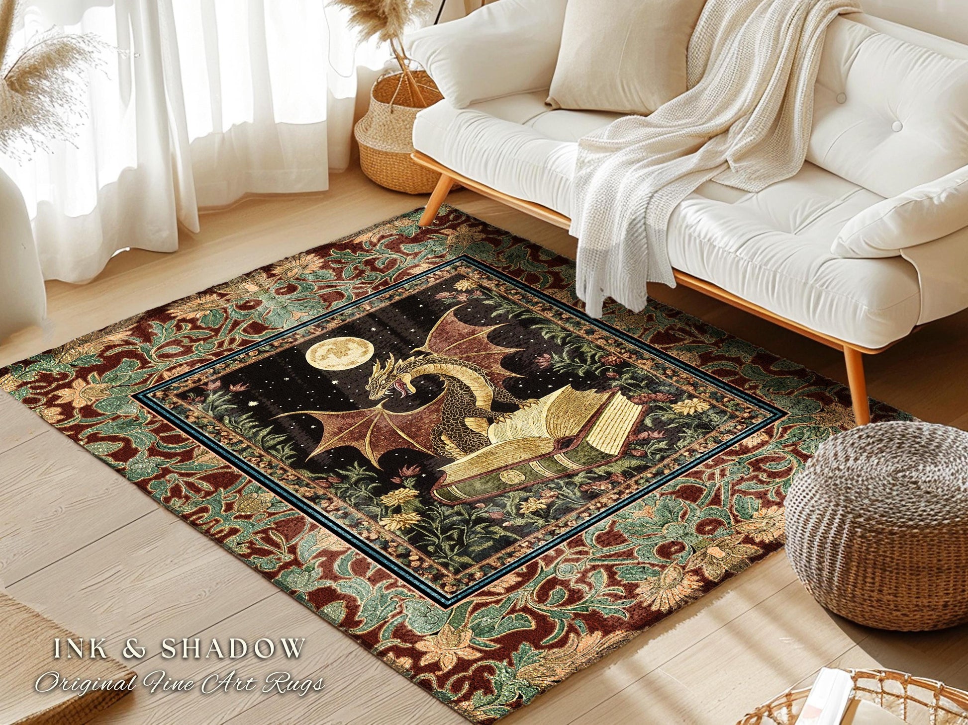 Witchy Spell Book Dragon Area Rug | Mysticism Aesthetic Magical Bedroom Reading Aesthetic Dark Rug for Book Nook Whimsigothic Medieval Goth