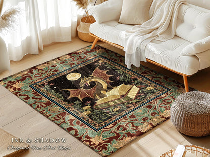 Witchy Spell Book Dragon Area Rug | Mysticism Aesthetic Magical Bedroom Reading Aesthetic Dark Rug for Book Nook Whimsigothic Medieval Goth