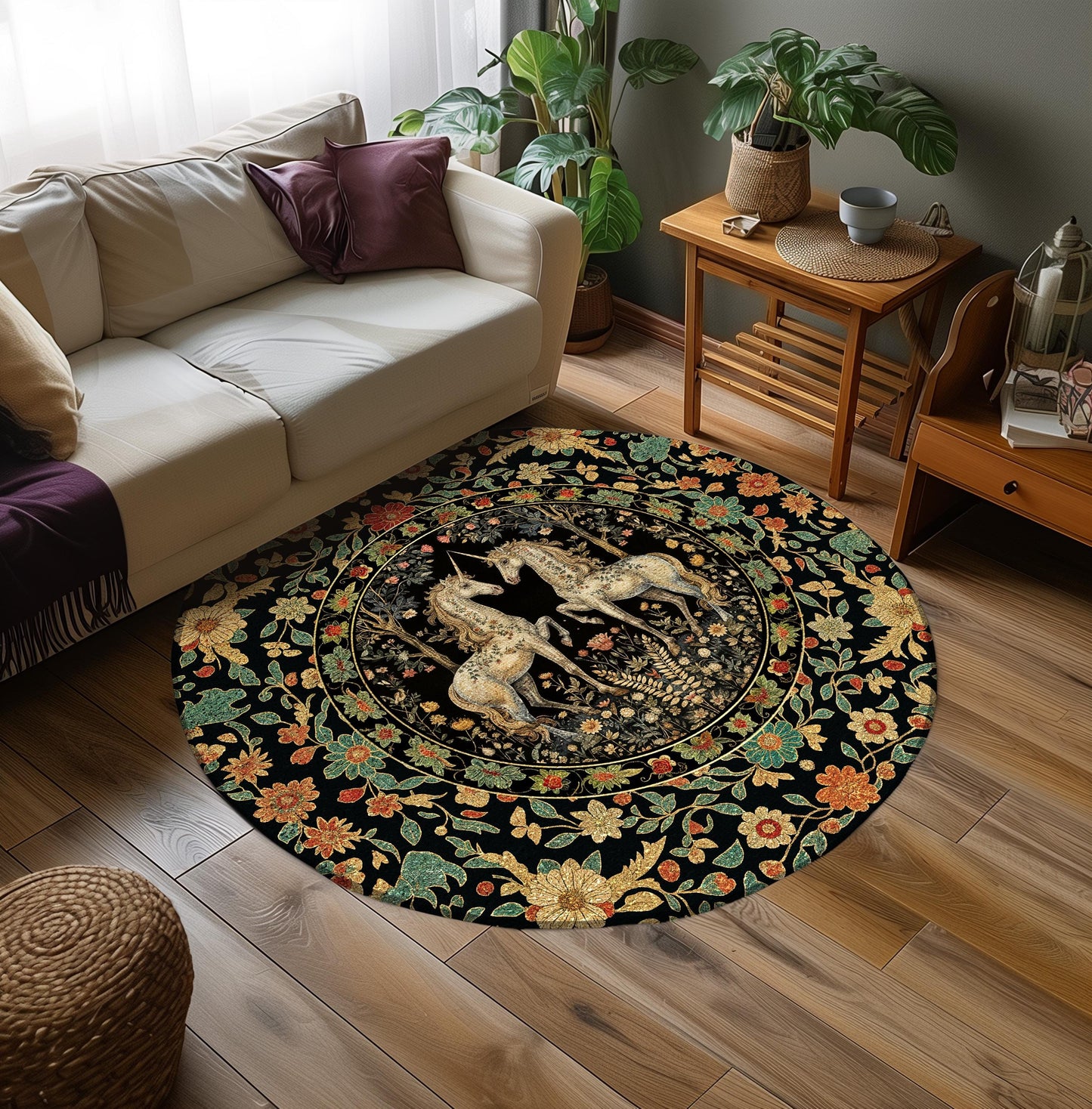 Soft Cottagecore Floral Area Rug Magical Unicorns Fairycore Fairytale Aesthetic | Whimsical Rustic Decor Baroque Romantic Mystic Forestcore