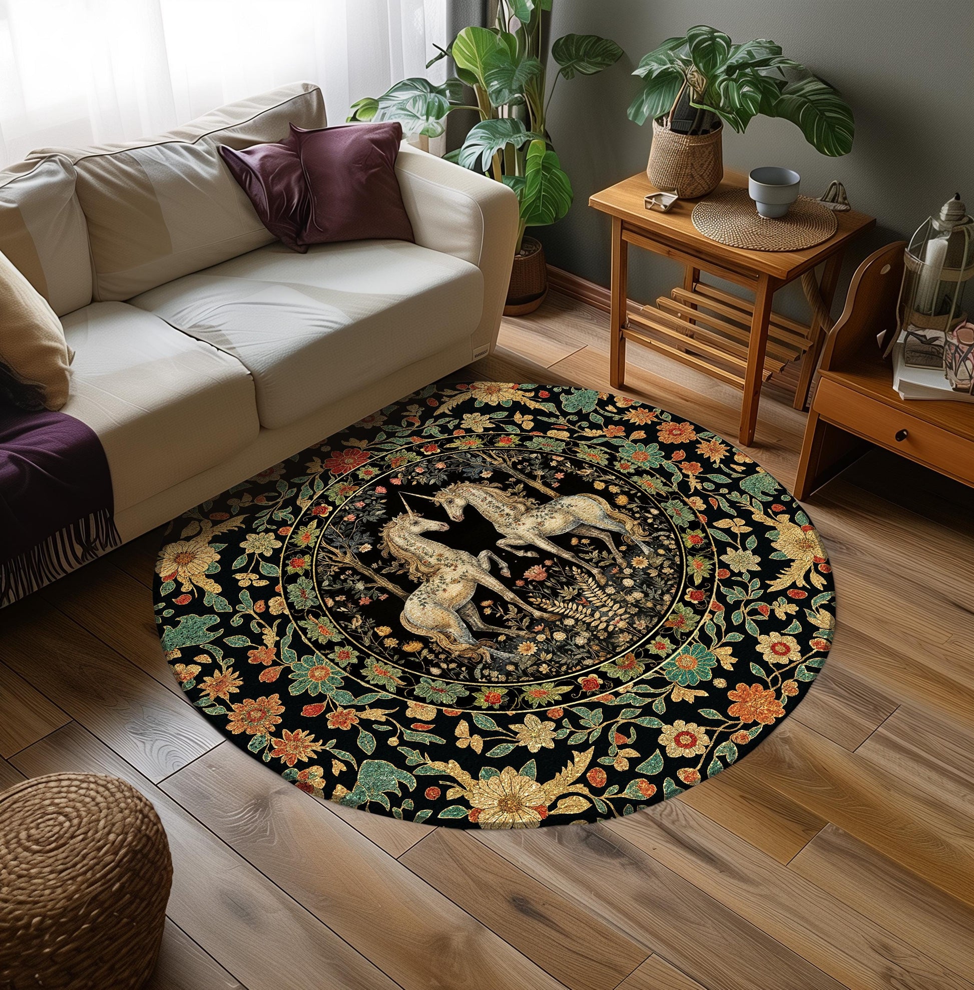 Soft Cottagecore Floral Area Rug Magical Unicorns Fairycore Fairytale Aesthetic | Whimsical Rustic Decor Baroque Romantic Mystic Forestcore