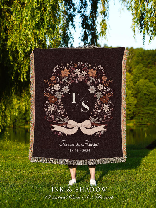 Elegant Boho Anniversary Tapestry Blanket | His and Hers Initials Personalized Wedding Date Keepsake Woven Throw Floral Folklore Aesthetic