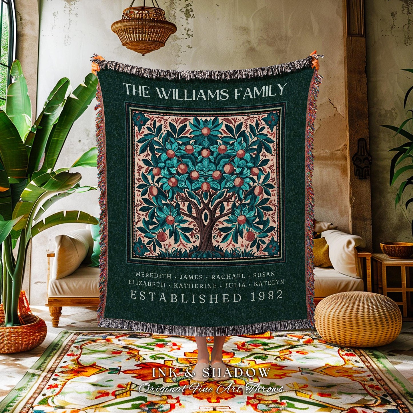 Boho Family Tree of Life Blanket Custom Meaningful Ancestry Gift | Personalized Heritage Decor Cozy Bohemian Family Name Tapestry Nana Gift