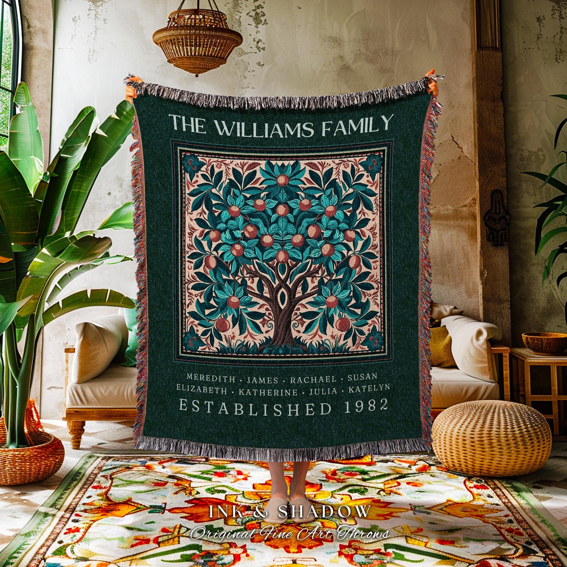 Boho Family Tree of Life Blanket Custom Meaningful Ancestry Gift | Personalized Heritage Decor Cozy Bohemian Family Name Tapestry Nana Gift