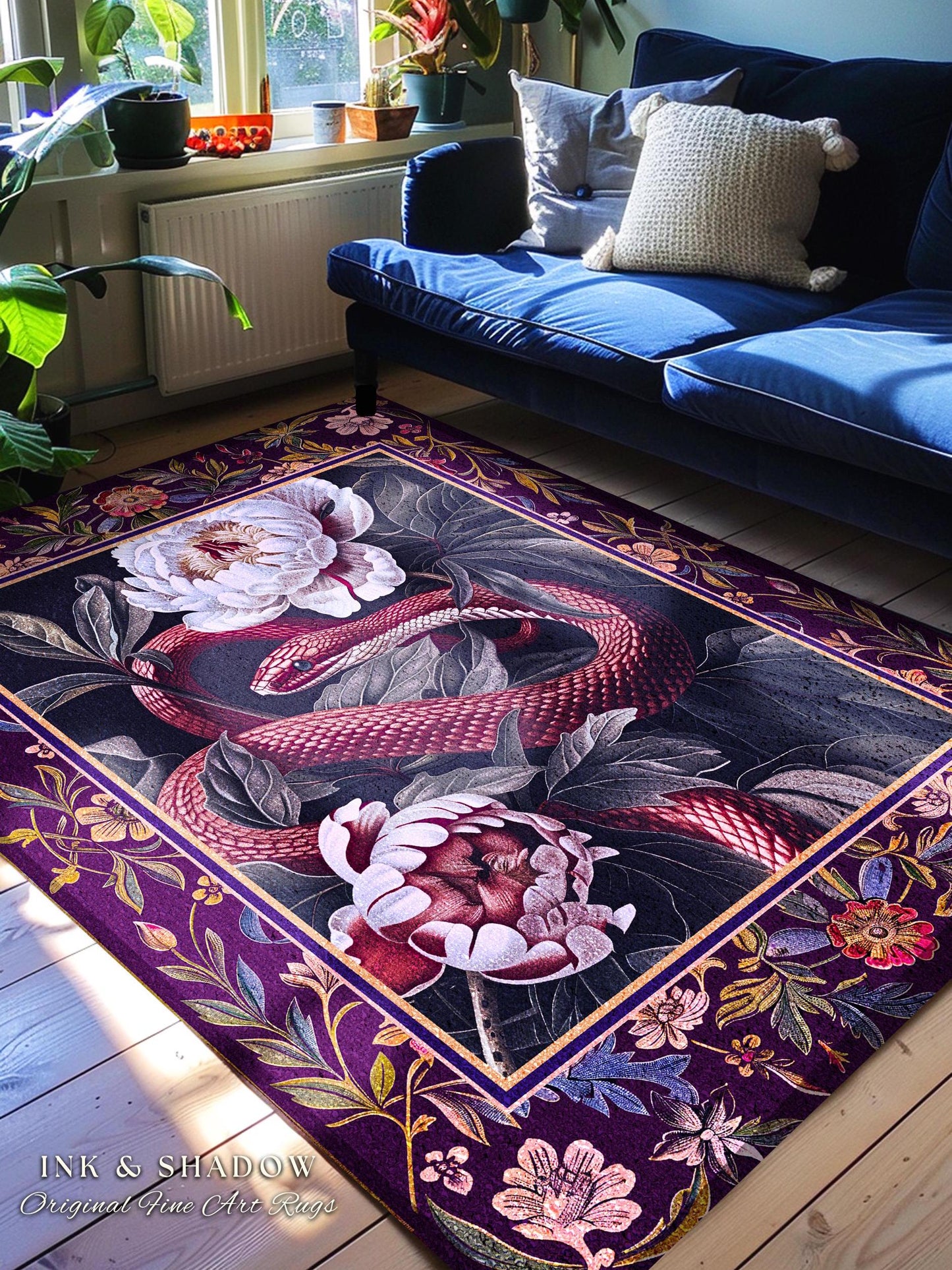 Whimsigothic Dark Floral Serpent Rug Enchanted Forest Whimsical Purple Botanical Decor | Mystical Witchy Cottagecore Moody Vintage Snake Art