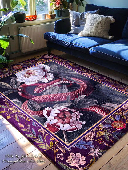 Whimsigothic Dark Floral Serpent Rug Enchanted Forest Whimsical Purple Botanical Decor | Mystical Witchy Cottagecore Moody Vintage Snake Art
