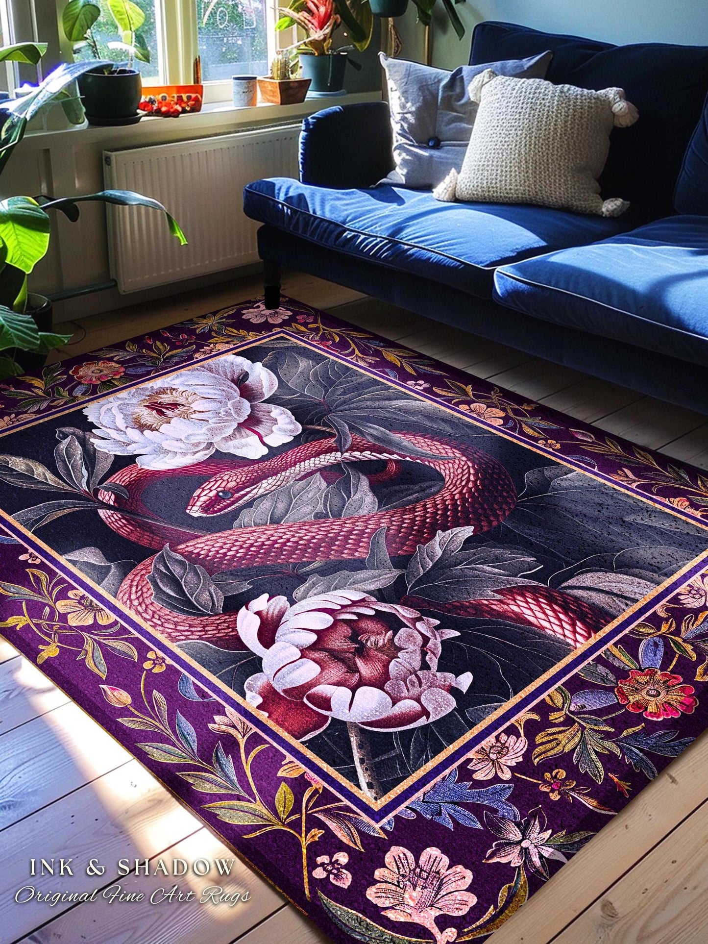 Whimsigothic Dark Floral Serpent Rug Enchanted Forest Whimsical Purple Botanical Decor | Mystical Witchy Cottagecore Moody Vintage Snake Art