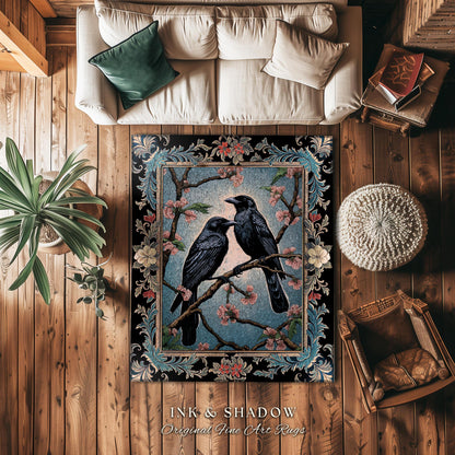 Dark Cottagecore Bird Home Decor Whimsical Woodland Gothic Raven Rug | Dark Academia Whimsigothic Crowcore Dusty Blue Enchanted Forestcore