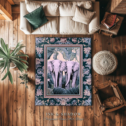 Pastel Botanical Elephant Rug | Jungle Aesthetic Victorian Gothic Cute Pink Elephant Woodland Ethereal Home Decor Eclectic Maximalist Room |