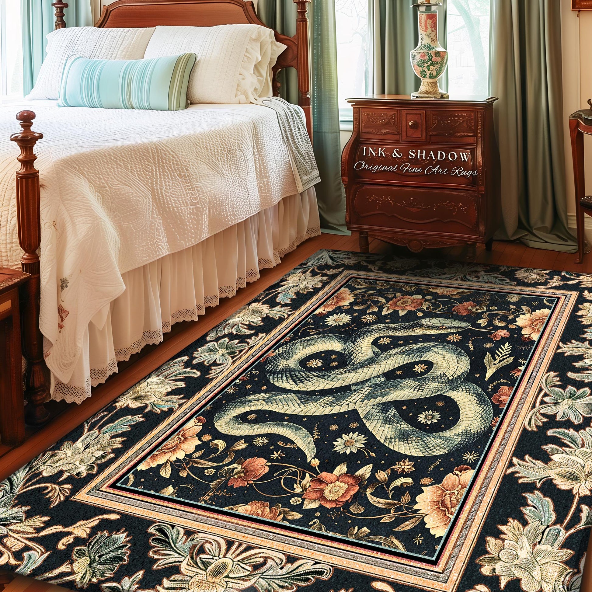 Victorian Gothic Dark Floral Snake Rug Enchanted Forest Art Nouveau Soft Cottagecore Decor | Whimsigoth Whimsical Botanical Serpent Art Rug