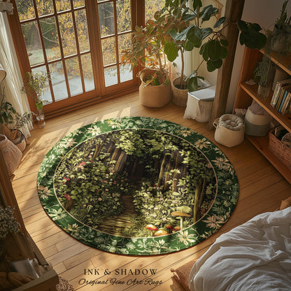 Fairytale Forest Botanical Round Rug | Mystic Aesthetic Woodland Home Magical Decor Plant Loving Home Decor Botanical Emerald Woods Gothic |