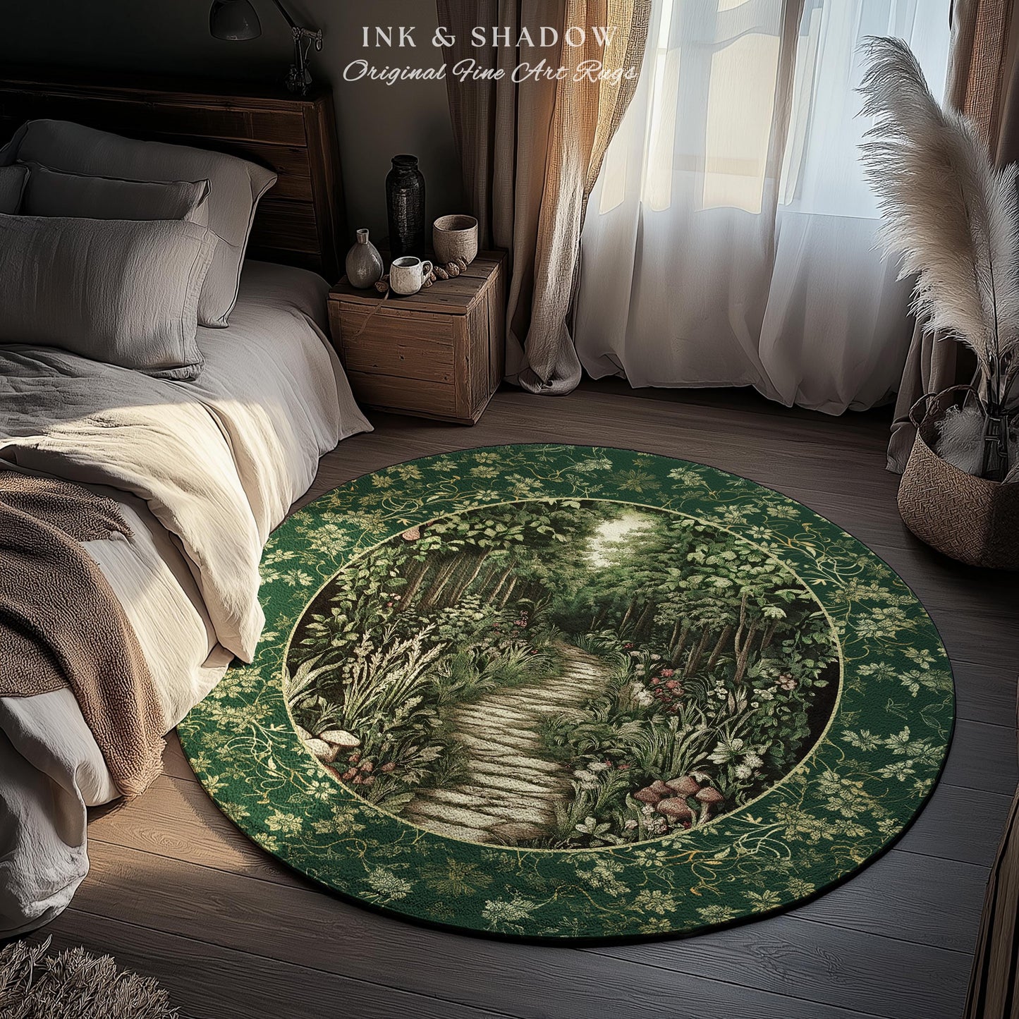 Ethereal Woodland Meadow Round Rug | Dark Academia Folklore Fairy Core Aesthetic Accent Rug Magical Bedroom Emerald Green Decor Botanical |