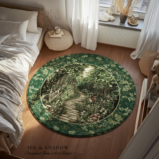Ethereal Woodland Meadow Round Rug | Dark Academia Folklore Fairy Core Aesthetic Accent Rug Magical Bedroom Emerald Green Decor Botanical |