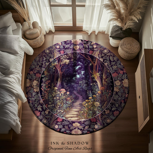 Magical Woodland Mushroom Round Rug | Fairytale Theme Woodland Botanical Aesthetic Whimsical Home Decor Bedroom Housewarming Gift Purple |