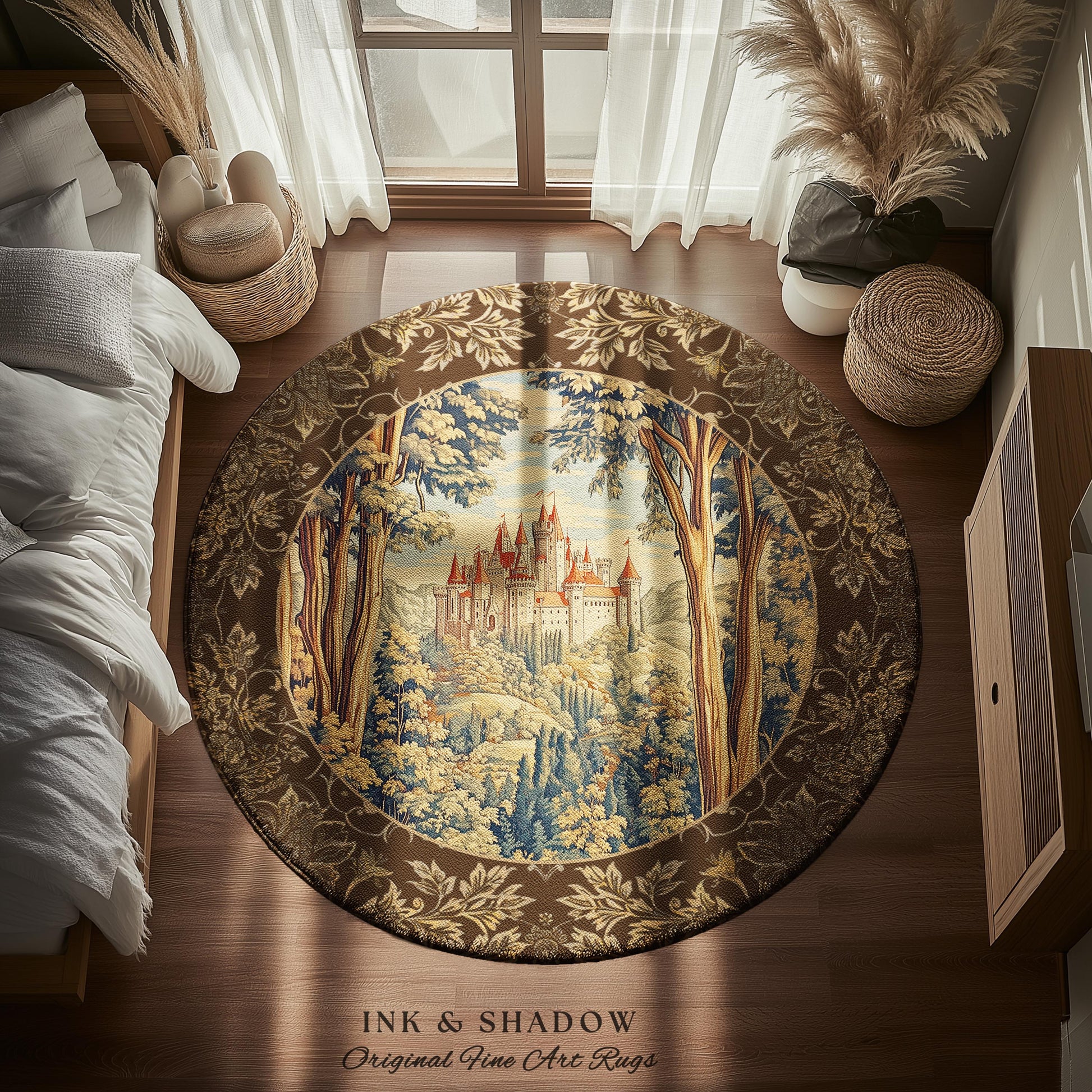 Book Nook Fairytale Castle Round Area Rug | Woodland Fairycore Bohemian Rug Folklore Aesthetic Magical Landscape Forestcore Dark Academia |