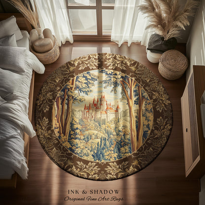 Book Nook Fairytale Castle Round Area Rug | Woodland Fairycore Bohemian Rug Folklore Aesthetic Magical Landscape Forestcore Dark Academia |