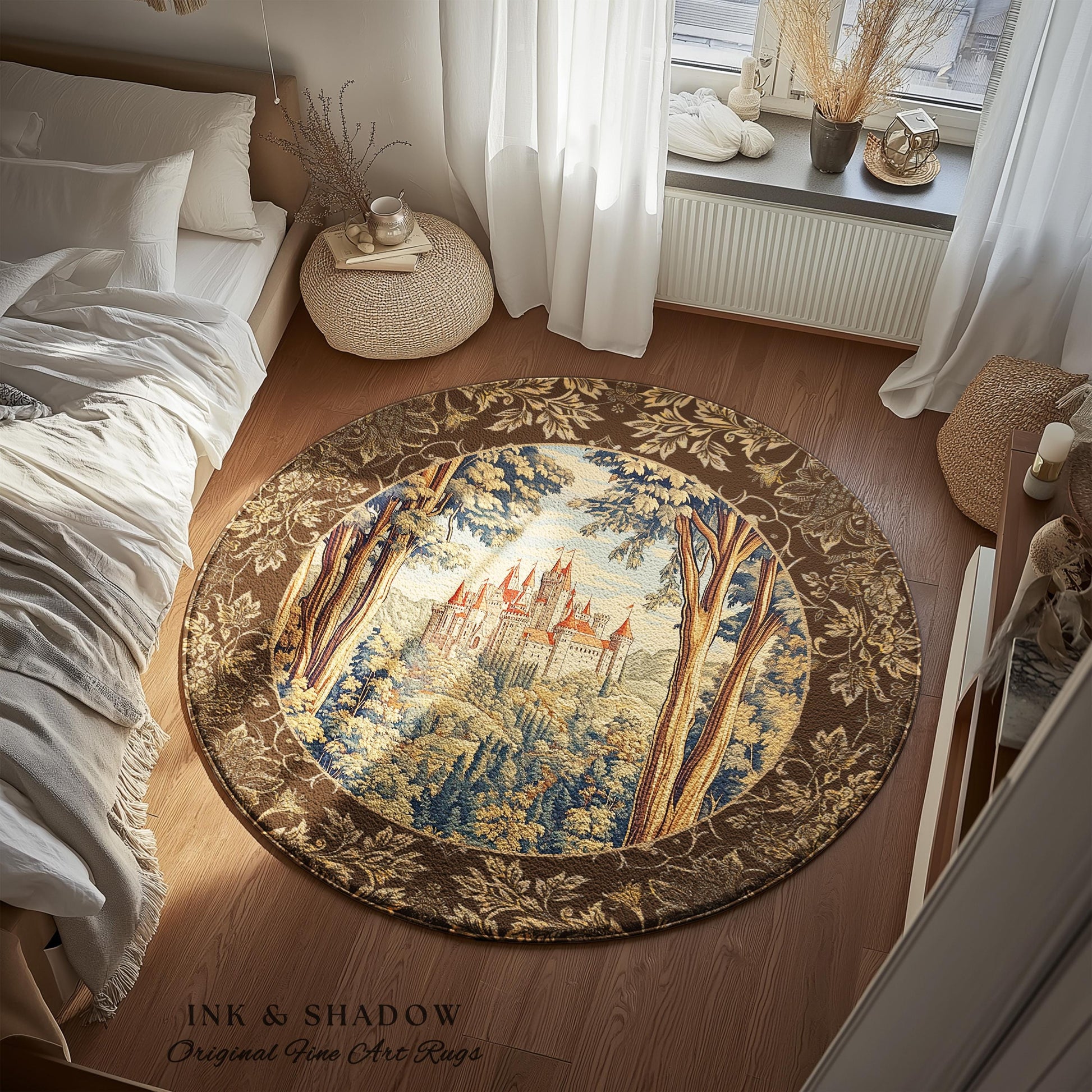 Book Nook Fairytale Castle Round Area Rug | Woodland Fairycore Bohemian Rug Folklore Aesthetic Magical Landscape Forestcore Dark Academia |