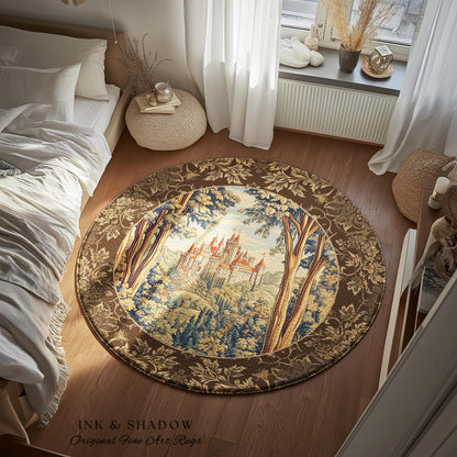 Book Nook Fairytale Castle Round Area Rug | Woodland Fairycore Bohemian Rug Folklore Aesthetic Magical Landscape Forestcore Dark Academia |